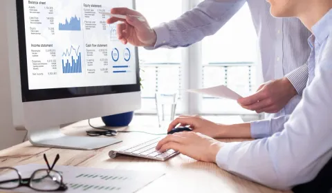 Two professionals reviewing a balance sheet, income statement and cash flow statement together on screen