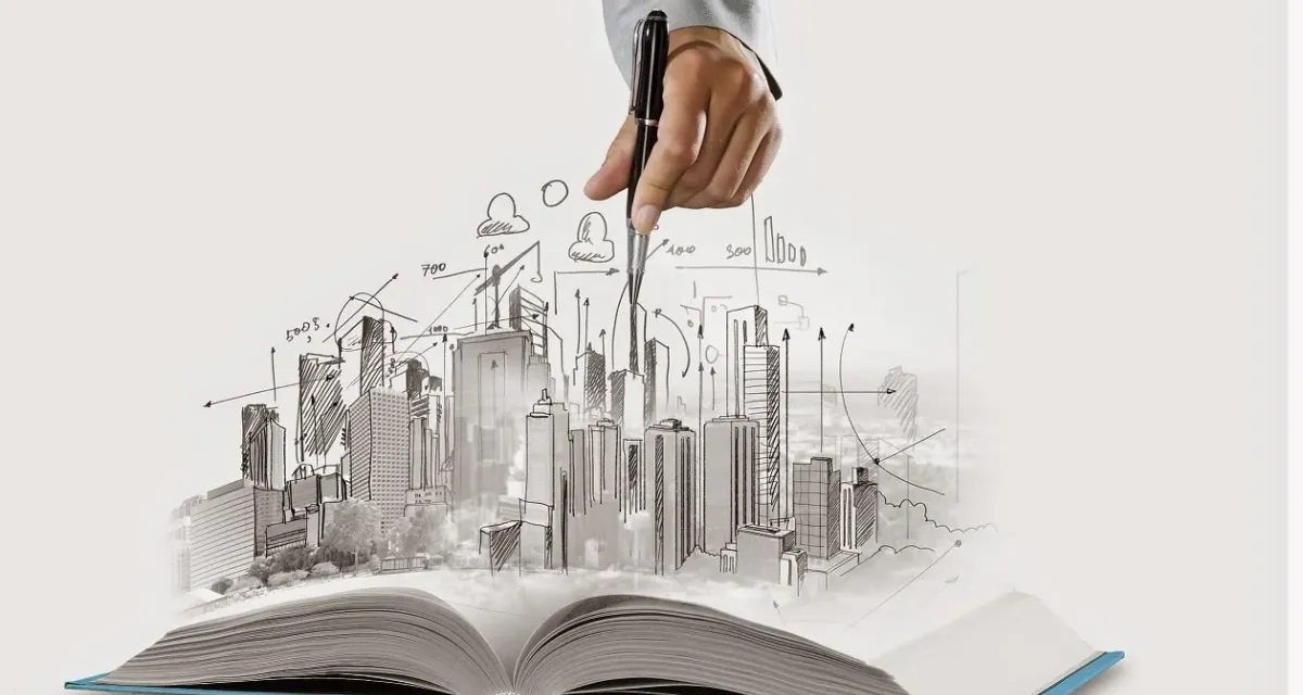 A city skyline sketch rising from an open book, representing corporate growth