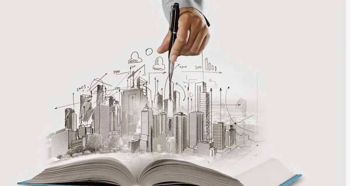 A city skyline sketch rising from an open book, representing corporate growth