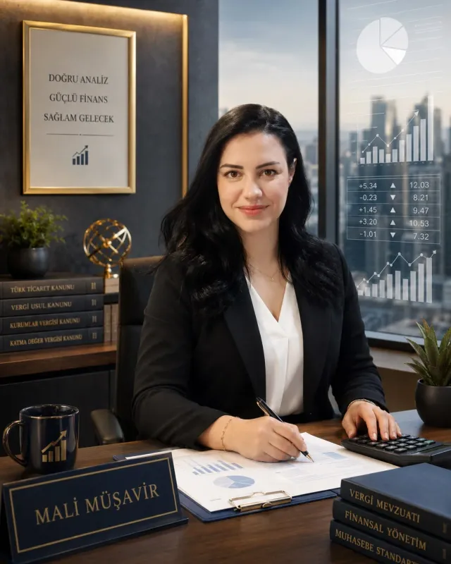 Sinem Yavuz, CPA, in her office surrounded by tax regulation books and financial reports