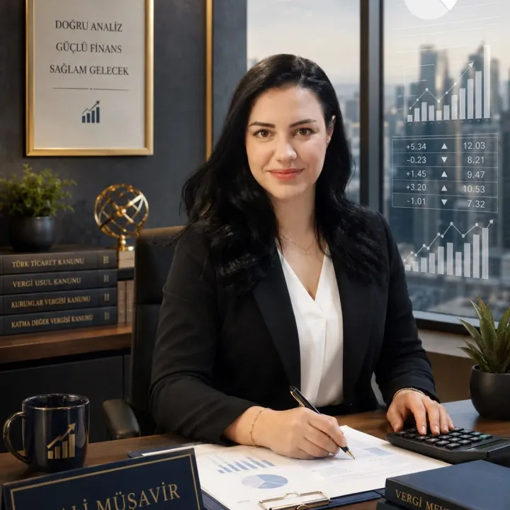 Sinem Yavuz, CPA, in her office surrounded by tax regulation books and financial reports