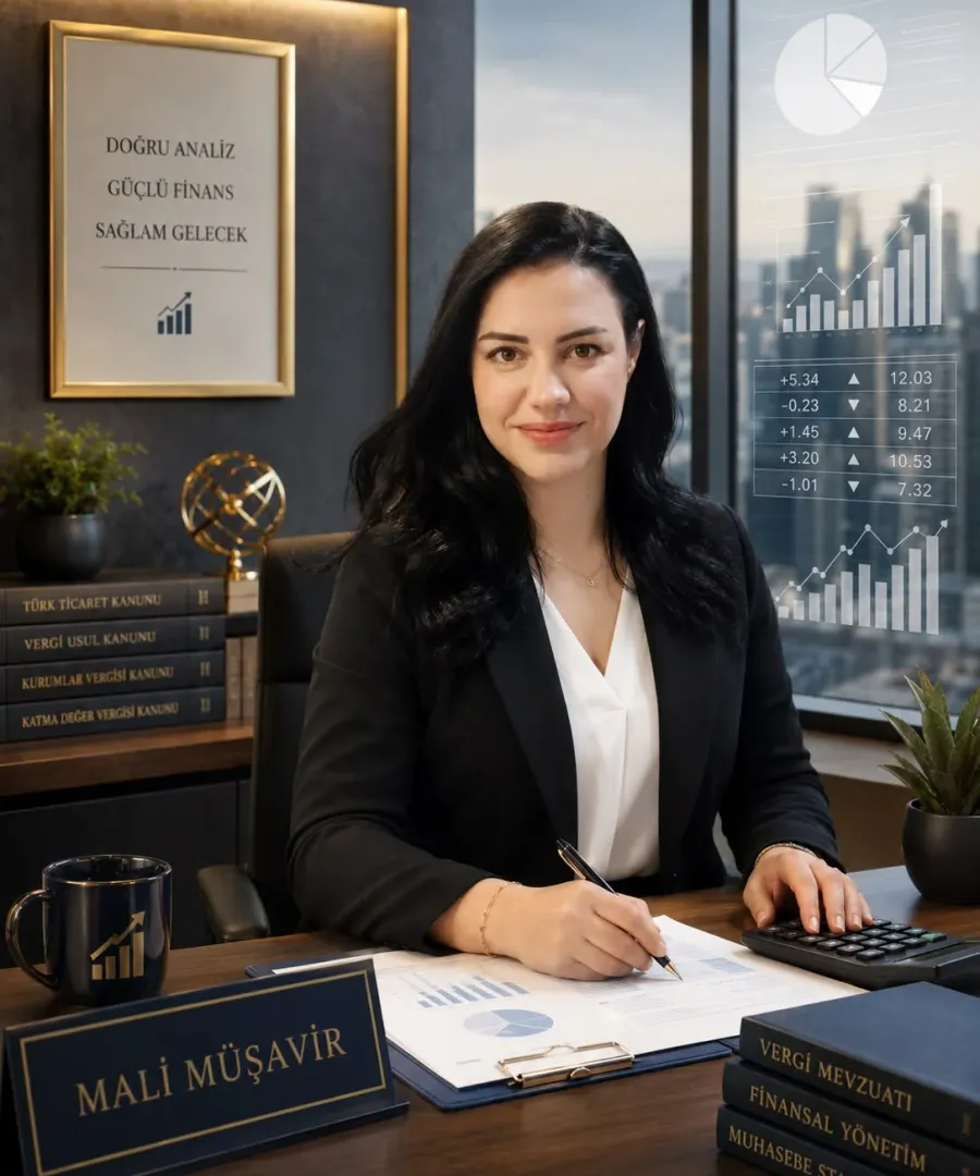 Sinem Yavuz, CPA, in her office with financial statements and tax regulation books